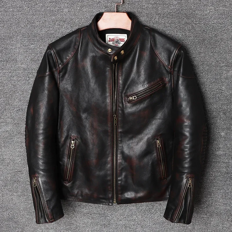 High Quality Genuine Leather Coat Venom Vintage Style Bicolor Horsehide Jacket Men's Slim Tea Wick Motorcycle Biker Clothing 4XL