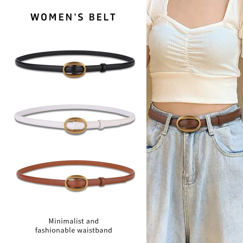 

Trend Women's Belt with Gold Buckle Fashion Casual Versatile Thin Belts Soft Genuine Leather Belt Jeans Belt