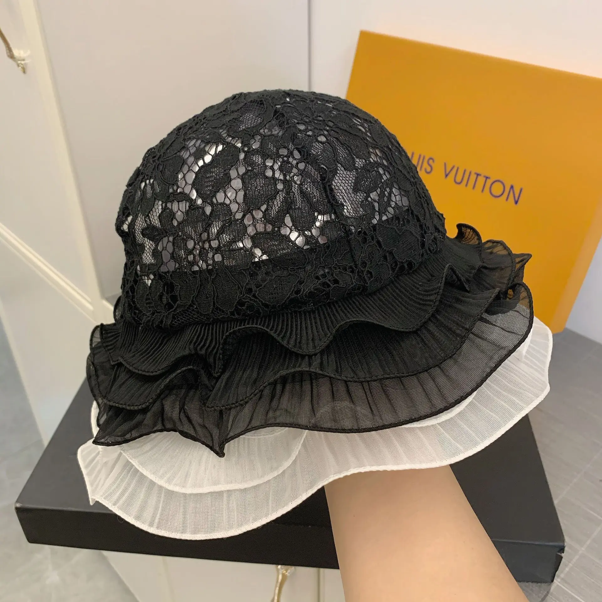 Women Panama Lace Transparent Ruffle Bucket Hat Girl Flower Sun Hat Korean Fisherman Cap Japanese Beach Hat Solid Basin Gorro