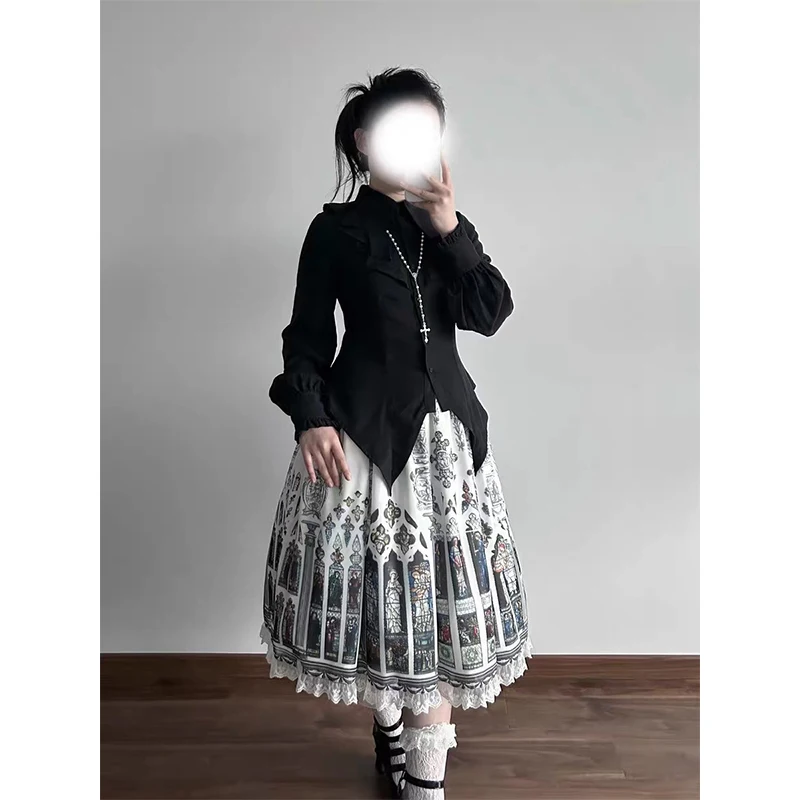 Gothic Ruffles Black Shirts Women Kawaii Lolita Cutecore Bandage White Blouses Japanese Vintage Harajuku Long Sleeve Slim Tops view 5