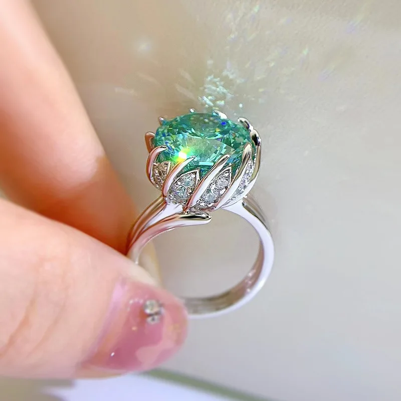5CT الأخضر مويسانيتي الماس الفاخرة لوتس زهرة المرأة خاتم الذهب الأبيض خواتم الزفاف فضة غرامة مجوهرات للنساء