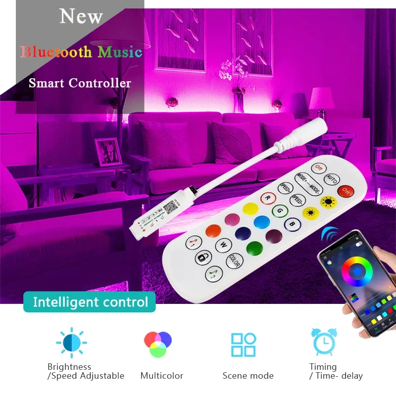 RGB LED Strip Lights com Bluetooth, Lâmpada de fita flexível, 2835 Fita RGB, Diodo DC, 12V, Controle App e Adaptador, 30m, 5050 SMD, 5m