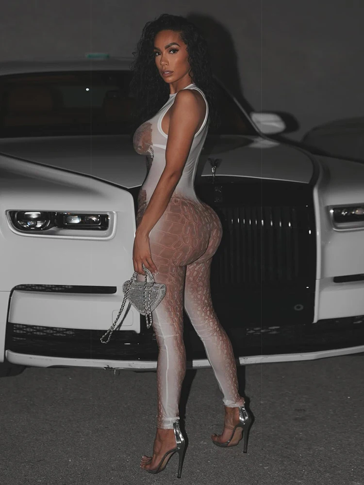 

Модные комбинезоны Sisterlinda для женщин: сексуальный принт в виде чешуи, круглый вырез, без рукавов, облегающий крой, персиковый цвет, для вечеринок и клубов, в стиле Wild Style.