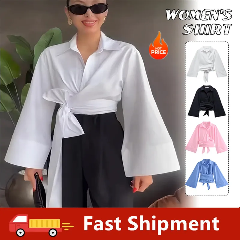

Женская однотонная блузка с длинным рукавом, модные элегантные тонкие рубашки на шнуровке с бантом, осень 202, темпераментная женская модная простая рубашка