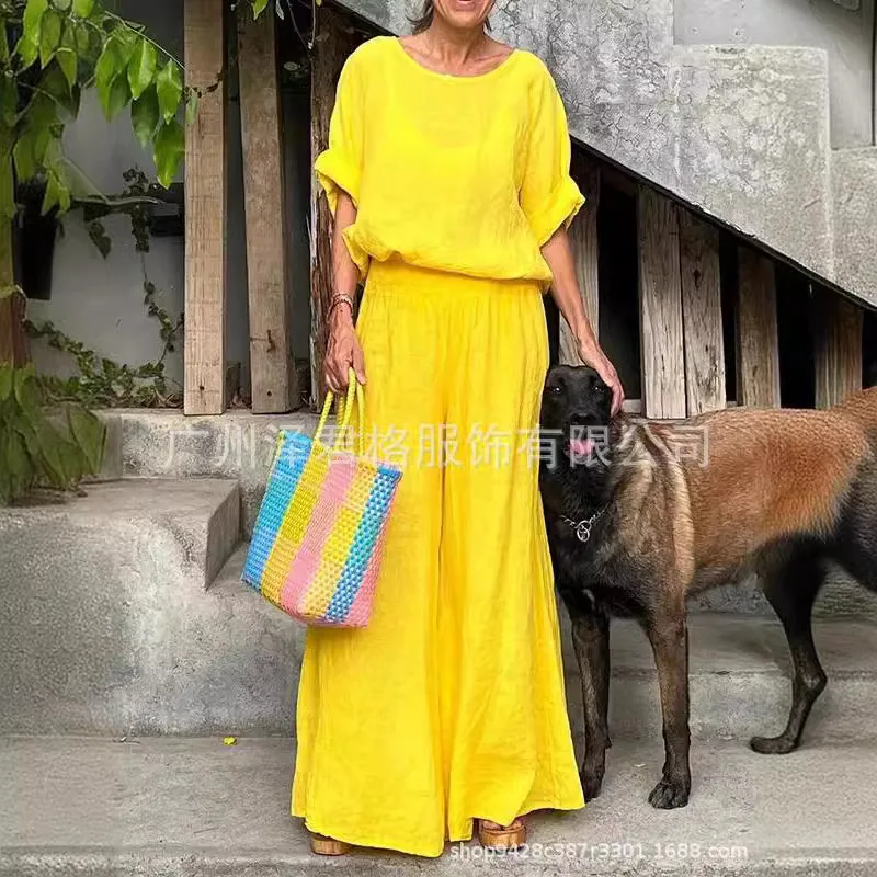 Women's Set 2024 Summer New Yellow Round Neck Sleeveless Shirt Culottes Pants Two Piece Set For Women Versatile Casual Outfits