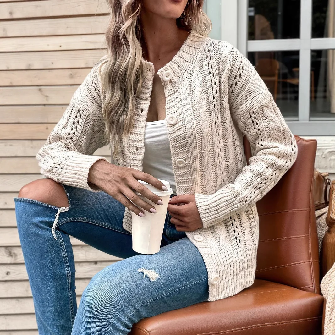 Cable Knitted Women Cardigan Sweater Y2k Jumper Lace Up O Neck Long Sleeve Single Btreasted Straight Casual 2025 Autumn Winter