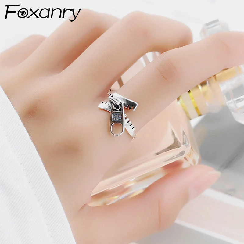 Foxanry Silver Color Zipper Geometric Rings For Women Creative Design Vintage Fashion Personality Birthday Party Jewelry Gifts