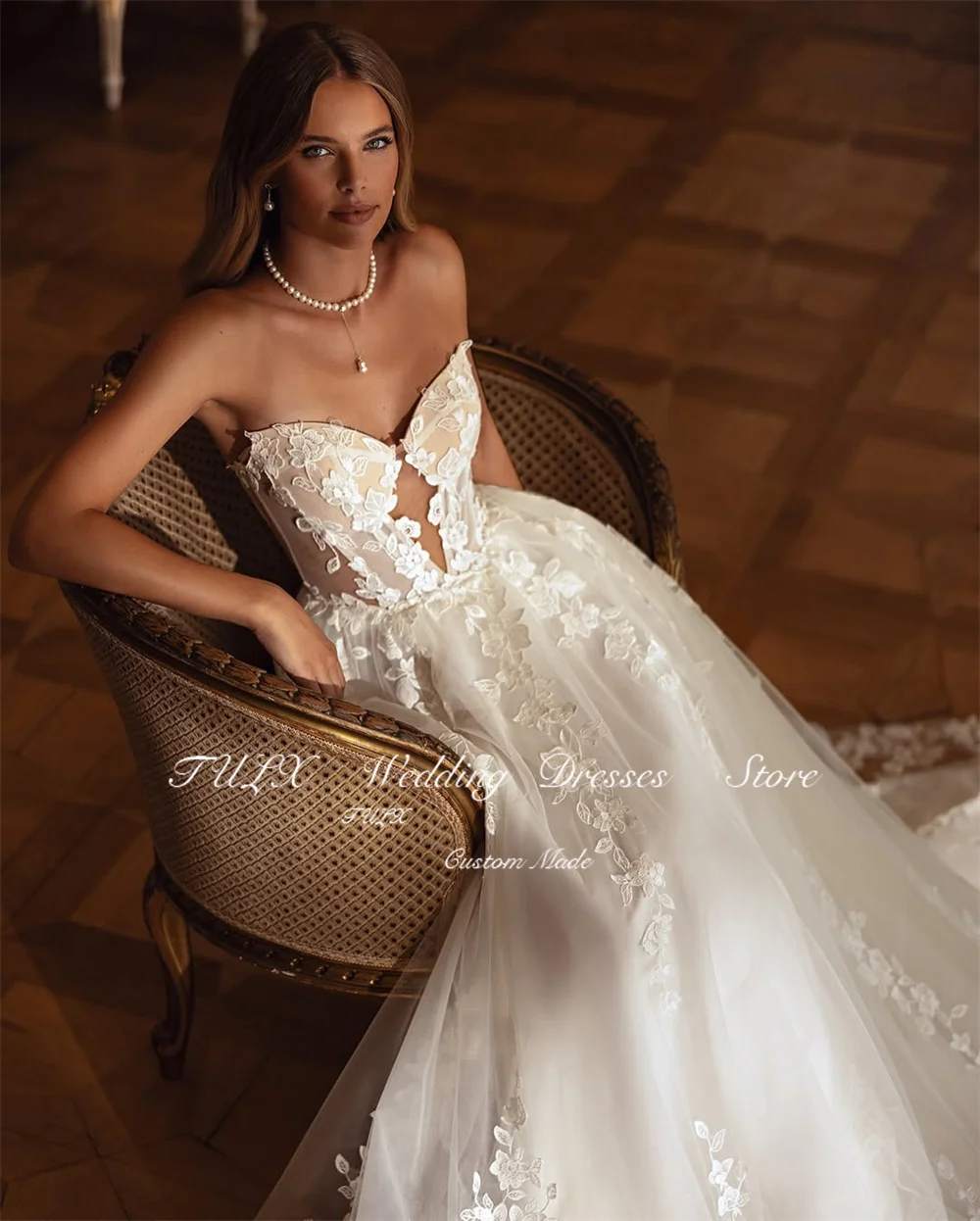 TULX Luxury Ivory Lace Flower Wedding Dresses Photo Sexy Sweetheart Bridal Gown A line Tulle Long Robe De Mariée Customized 2026