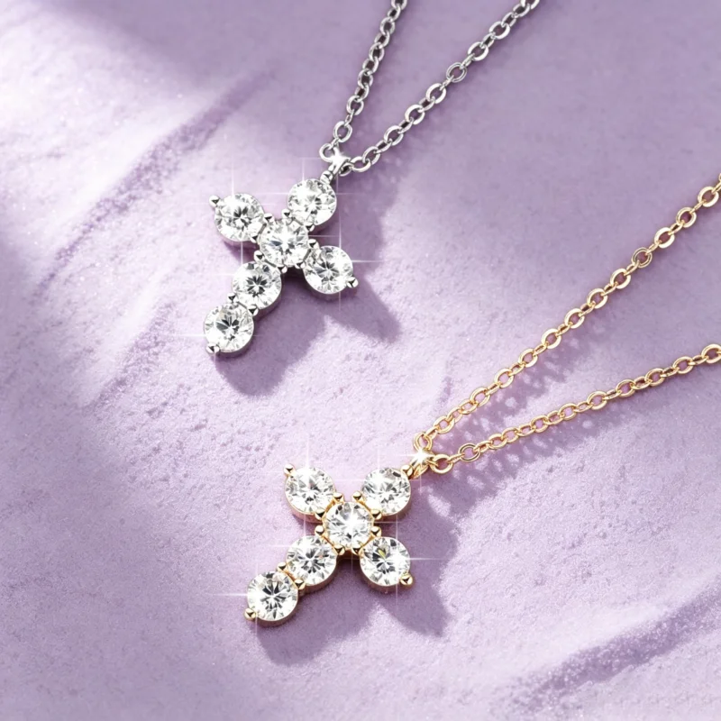 IOGOU-zertifizierte 3,5 mm runde D-Moissanit-Kreuz-Anhänger-Halskette für Damen und Herren, 14 Karat Gold gefüllt, verstellbare Kette, Schmuck, Geschenk – Detail 4