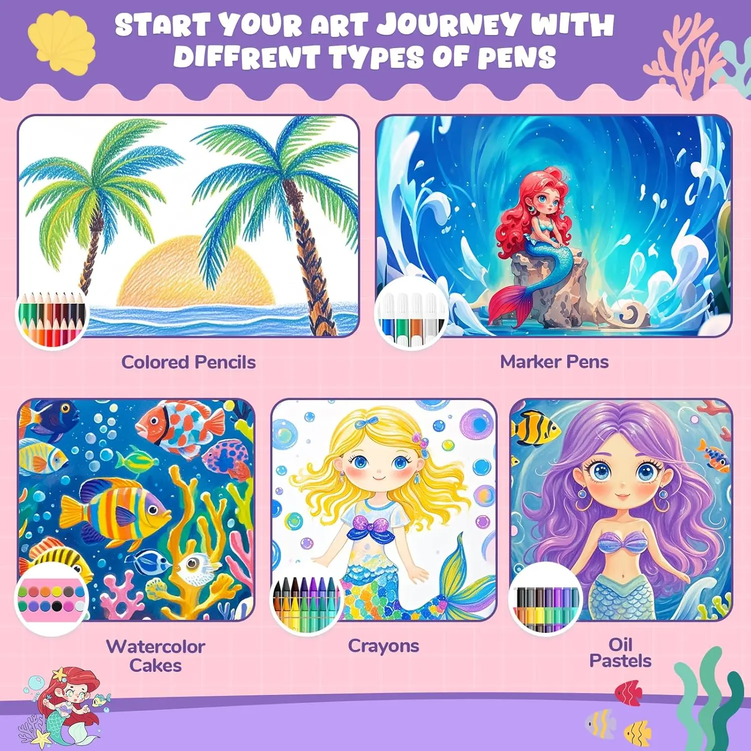 مجموعة رسم حورية البحر للأطفال مع كتاب تلوين وأقلام مجموعة أدوات الرسم الفنية والحرف اليدوية للأطفال ألعاب تعليمية مونتيسوري