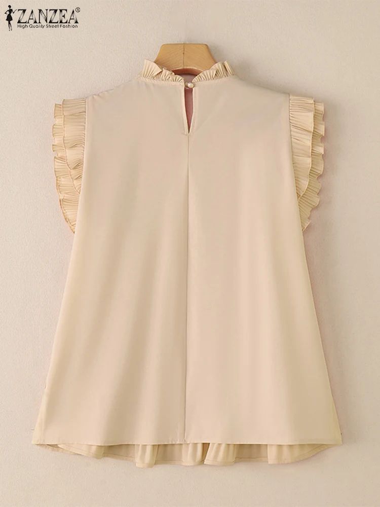 ZANZEA hauts à la mode 2025 femmes été col montant chemisier à volants à manches courtes décontracté solide Blusas bureau dame chemises élégantes