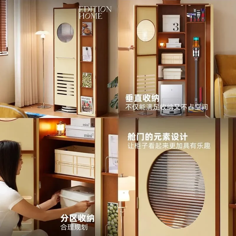 Nordic Solid Wood Mobile Storage Cabinet Retro Housekeeping Locker for Robot Vacuum Small Apartment Balcony Living Room