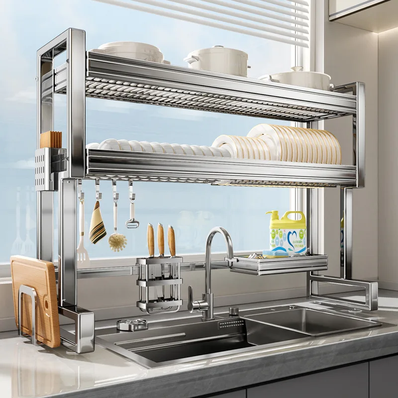 Stainless Steel Kitchen Sink Storage,Multi-functional Bowl Plate Rack,Draining Shelf,Cutting Board Knife Holder beside the Sink