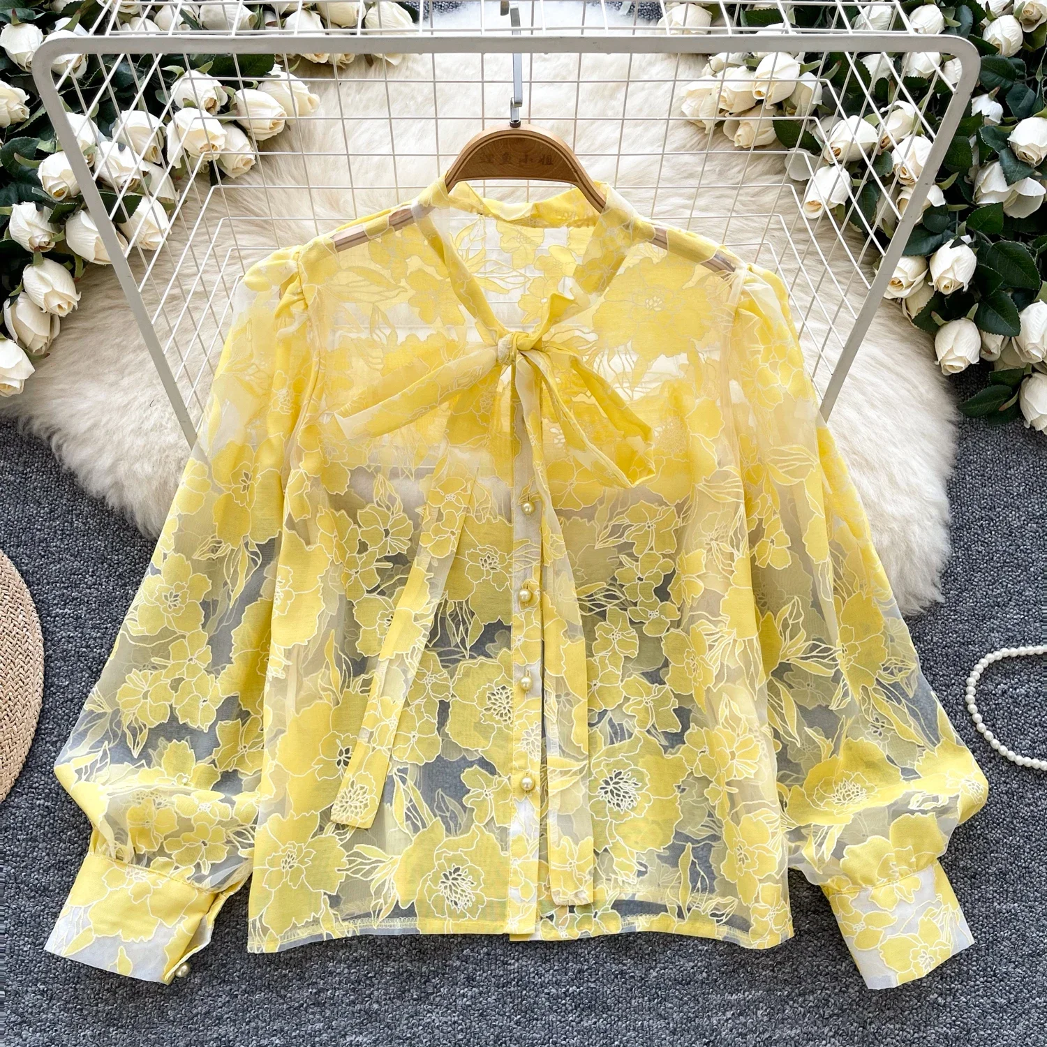 Vintage V-neck Elegant Butterfly Bandage Embroidered Lantern Sleeve Loose Mesh Top French Streetwear High Street Autumn Blouse