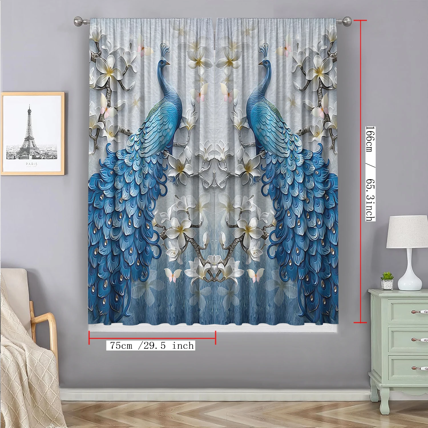 2PC Home Decoration Curtains, Blue And Yellow Peacock With Rod Pocket Curtains, Kitchen, Coffee Shop, Living Room, Balcony