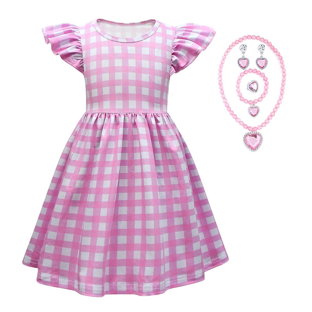 Party Dresses For Girls Summer Pink Plaid Princess Dress With Accessories Carnival Girl Cosplay Costumes Birthday Casual Dress