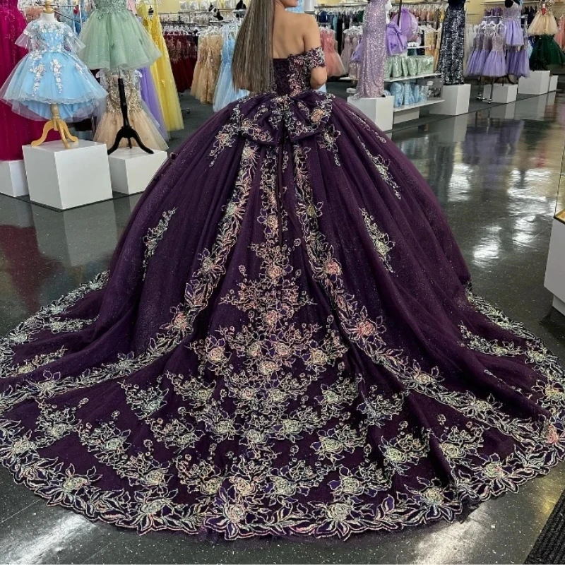 2024 Purple Shiny Sweetheart Quinceanera Dresses Off the Shoulder Ball Gown Appliques Lace Flower Crystal Vestidos De 15 Años