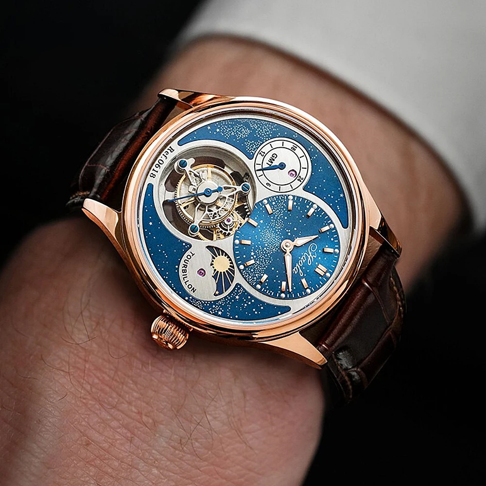 Haofa Mechanical watch Man Tourbillon Starry Sky Day and Night GMT 316 Stainless Steel Full Grain Cow Leather 19 Jewels 0618