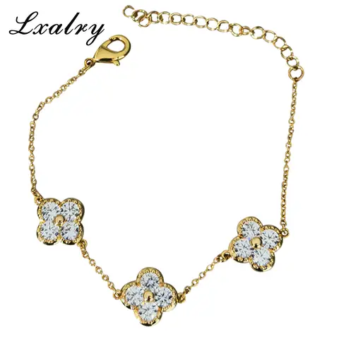 Lxalry Gold Clover Bracelet for Women – 18K Gold Plated Stainless Steel Cubic Zirconia Minimalist Four Leaf Design, Waterproof,