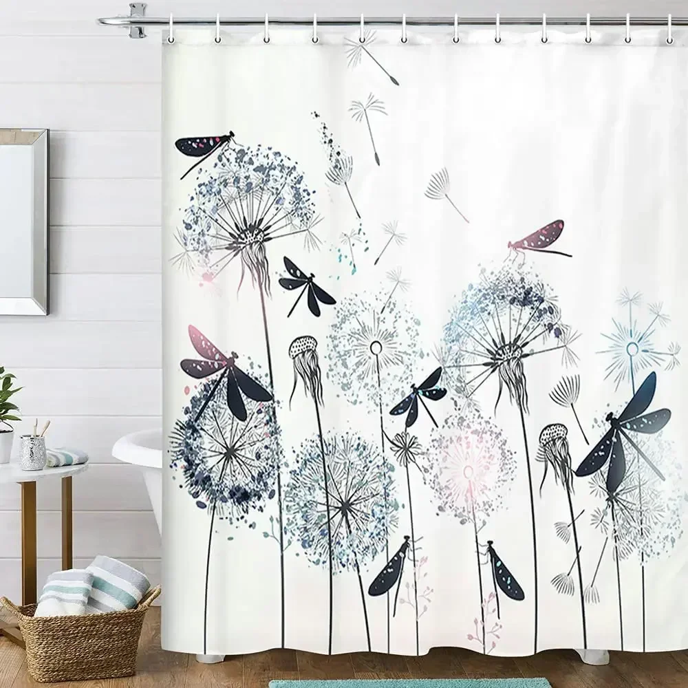 Elegant Dandelions Dragonflies Shower Curtain Floral Blooms Antique Botanical Bathroom Aesthetic Abstract Flowers Modern Screen