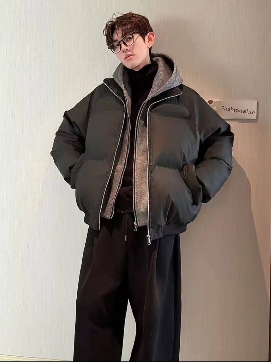 HN 트렌디 브랜드 겨울용 PU 가죽 후드 재킷 남성용 루즈핏 다용도 코튼 재킷 이중 지퍼 보온