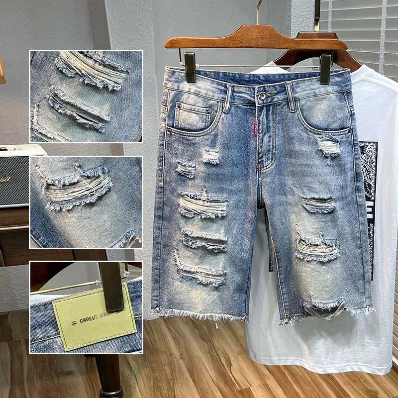 

summer shorts men's casual ripped straight leg denim pants 2025 new light colored men's mid length pants jeans for men