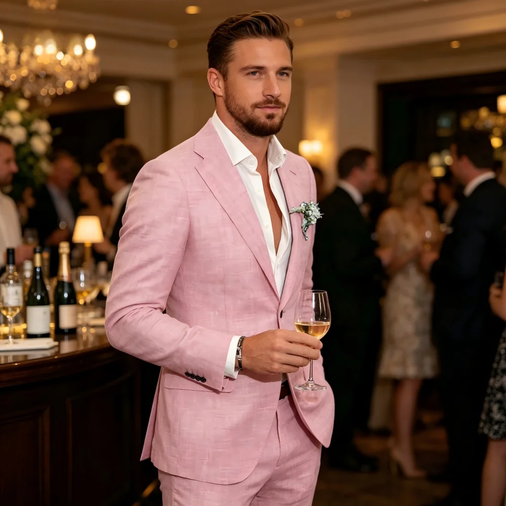 

Мужской повседневный льняной костюм, 2 предмета, пиджак и брюки, комплект slim fit, летний, для пляжа, вечеринки, свадьбы, бала, жениха, смокинг