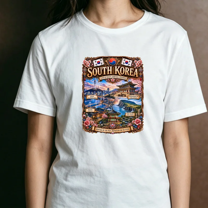 Unisex Vintage South Korea Landmark Floral Taegukgi Collage Graphic T Shirt Korean Heritage Culture Daily Streetwear Top