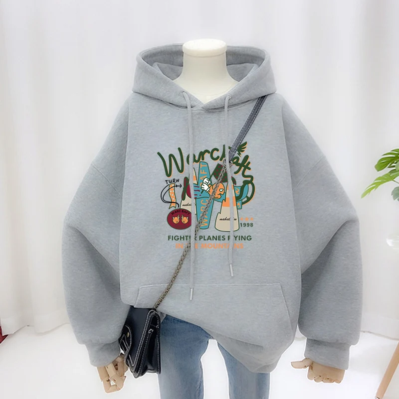 Autumn Winter Women Clothing Vintage Loose Casual Cotton Sweatshirts Cartoon Printed O-neck Top Pullovers Y2K Pocket Hoodies