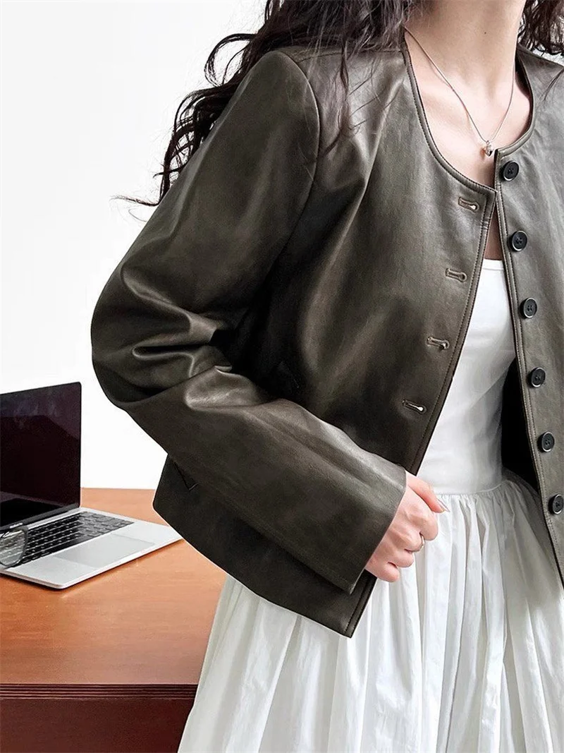 السترات النسائية جلد المرأة معطف قصير الربيع والخريف جوكر فضفاض واحدة الصدر بو دراجة نارية دعوى سترة جلدية المد