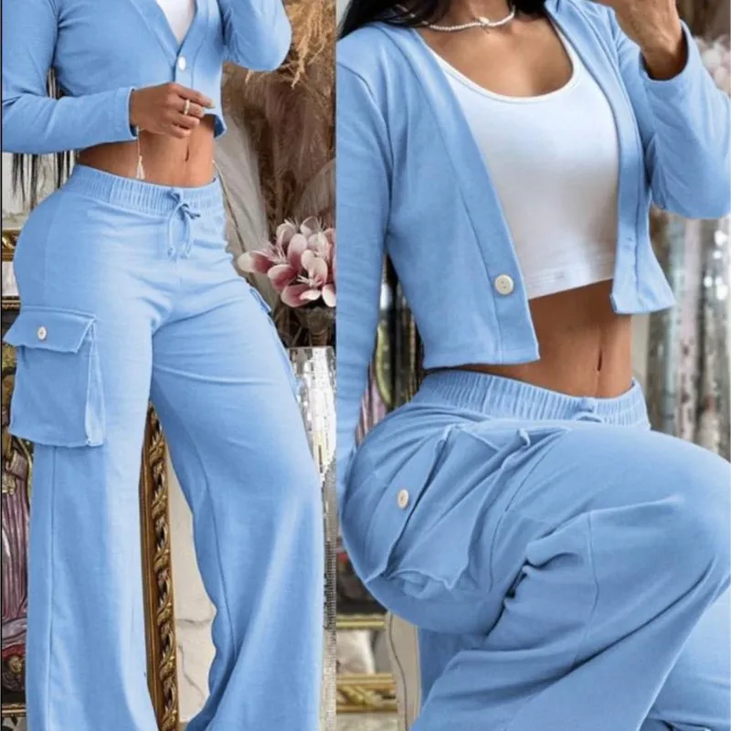 Autumn Fashionable And Elegant Solid Color Women\'s Suit Long-sleeved V-neck Short Coat Pocket Wide-leg Drawstring Trousers Suit