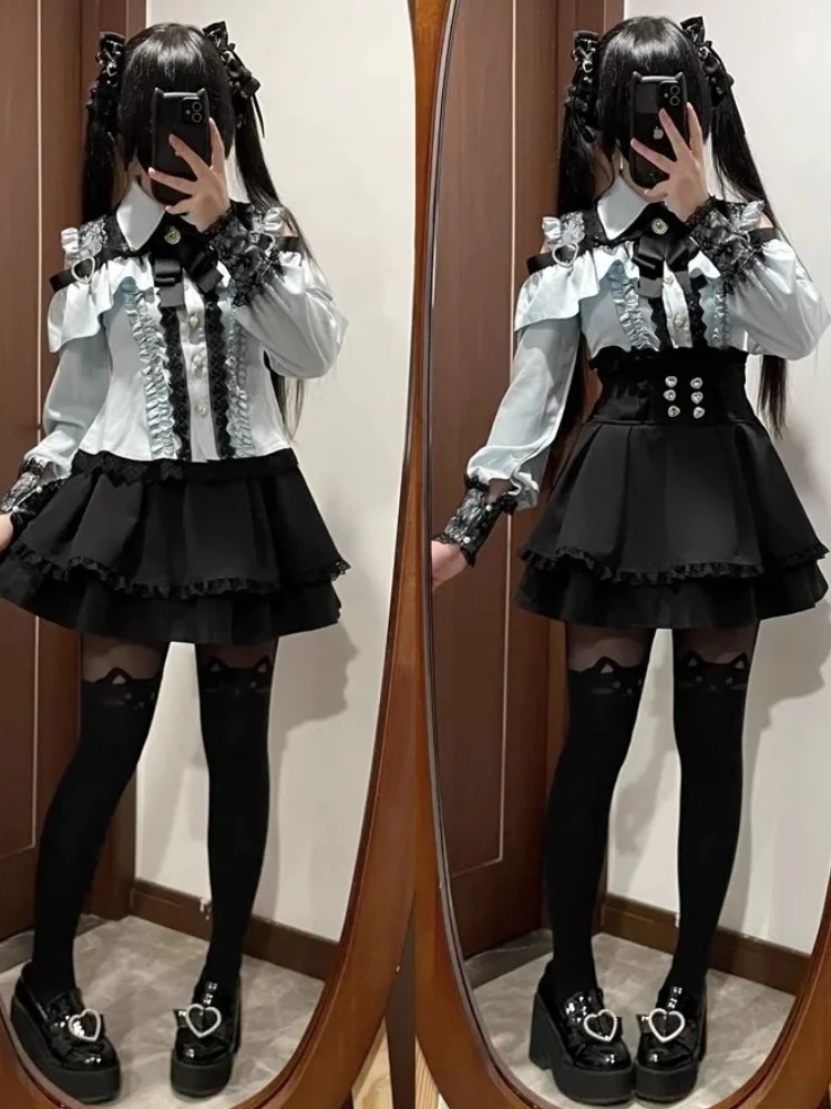 Conjunto de Lolita tipo suelo con corazón dulce oscuro, Top con mangas con volantes y falda acampanada, lindo traje de capa gótica de estilo japonés Kawaii S-XL