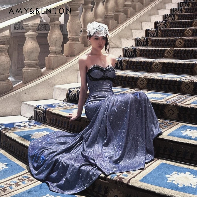 

Original Design New Women's Blue Purple Lace Hollow Out Splicing Sexy Bodycon Mermaid Floor-Length Dresses Sparkling Gown Ladies