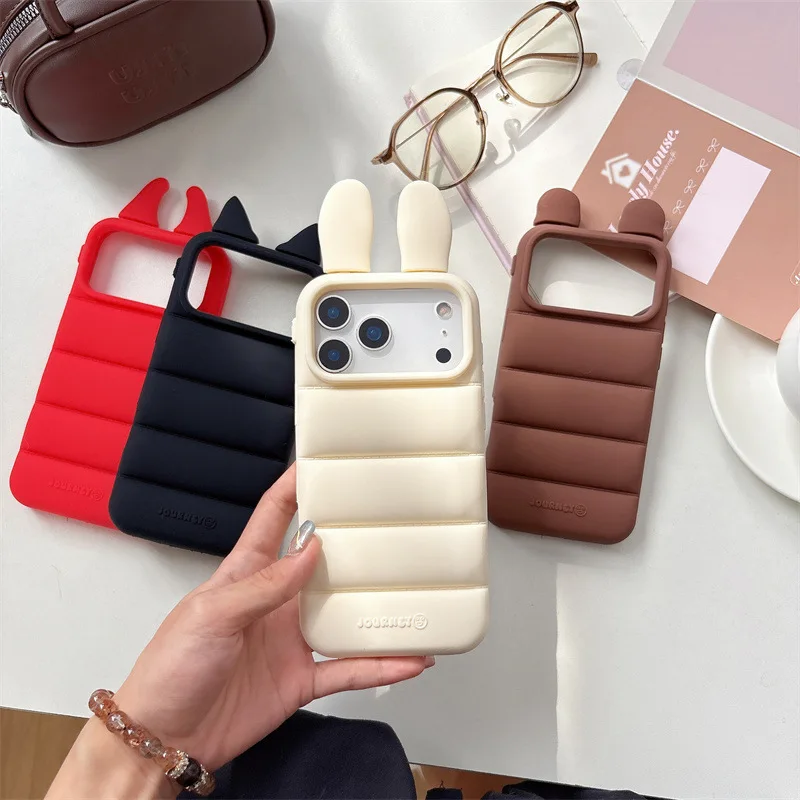 Luxus 3D Cartoon Ohren Kuh Hörner Einfarbig Telefon Fall Für iPhone 17 16 15 14 13 12 Pro max Plus Weiche Silikon Stoßfest Abdeckung