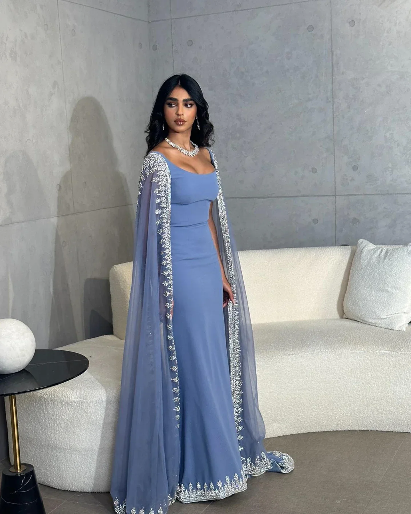 Customized Evening Dresses Luxury Crystal Blue Mermaid Dubai Evening Dresses  Cape Sleeves Elegant Arabic Women personalized