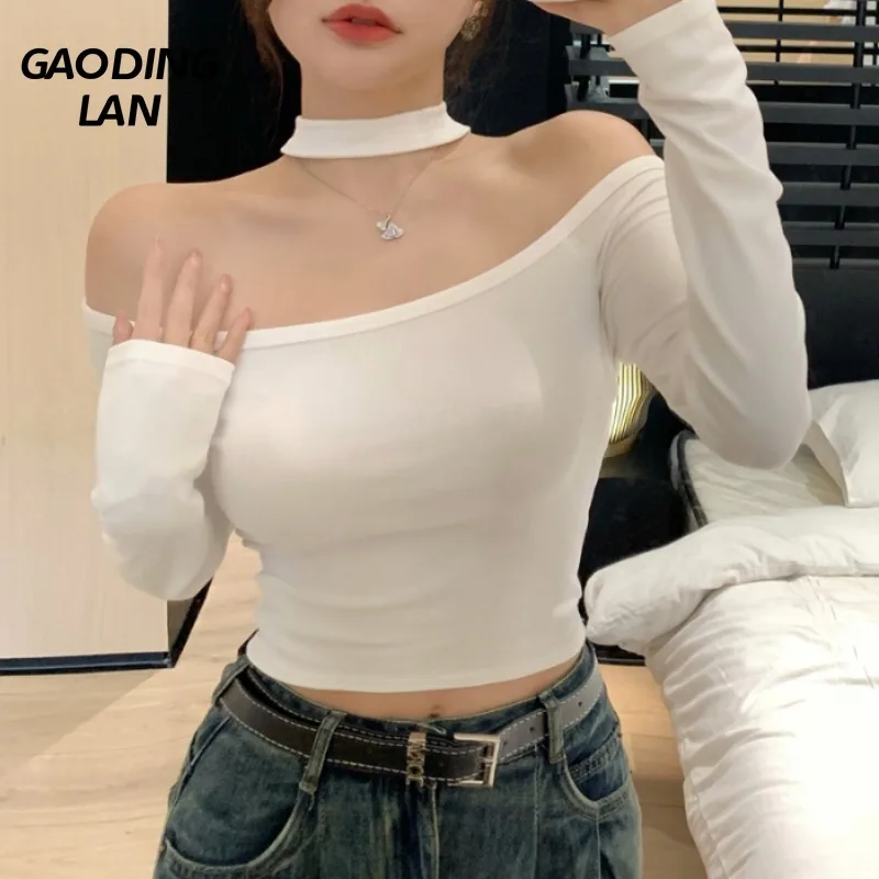 

GAODINGLAN сексуальные укороченные топы с открытой ключицей, женские тонкие облегающие однотонные футболки с длинными рукавами, осень-зима, хлопковая футболка с лямкой на шее