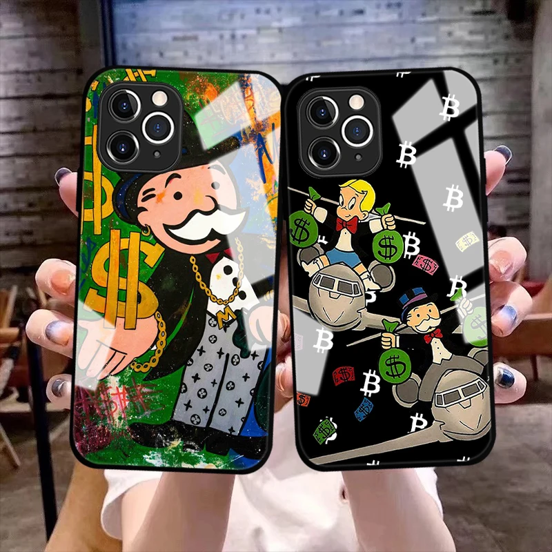 

Dollar Alec Monopoly Case for iPhone 14 plus 13 12 11 14 Pro Max X Xr XS Max 7 8 Plus SE 12 13 Mini Black Tempered Glass Case