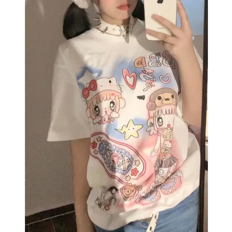 Girls Top Trend Japanese Printed Star Short Sleeve Girl Anime Kawaii 2024 Pulovers Summer Thin T-shirt Casual Basics Tees