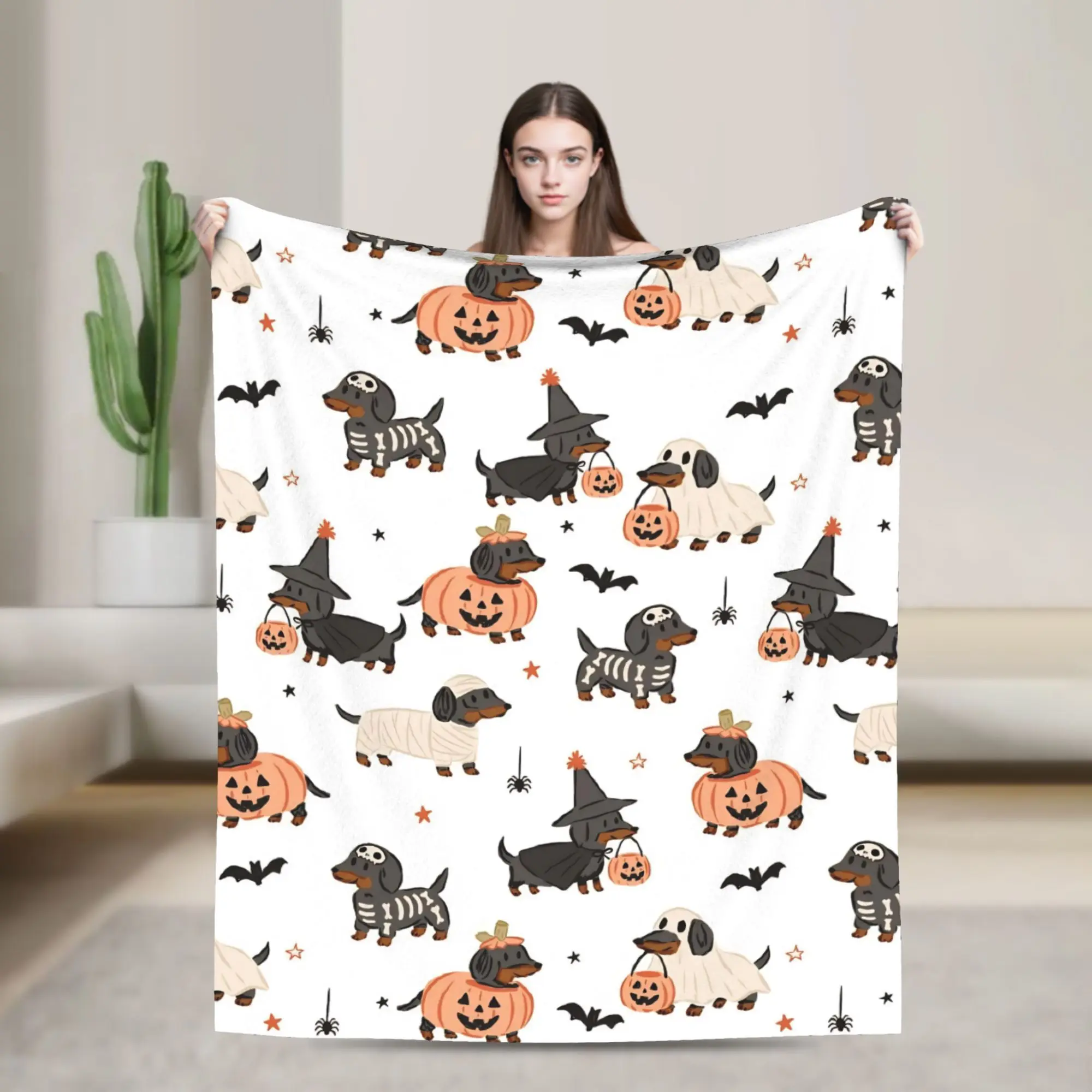 Halloween Dachshund Dog Blankets Bat Pumpkin Wool Novelty Warm Throw Blanket for Bedding Lounge Decoration
