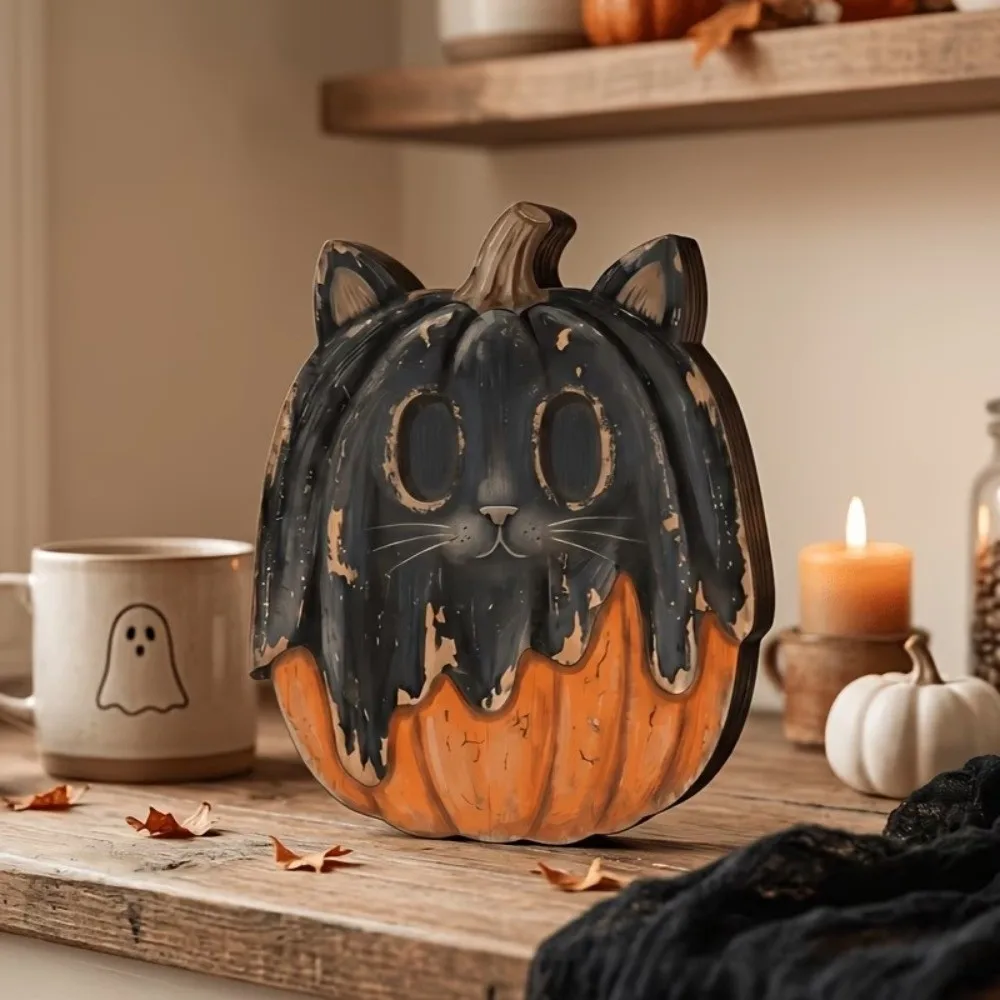 Cartoon Pumpkin Wooden Ornaments Pastoral Hand Painted Halloween Pumpkin Figurine Stable Base Ghost Pumpkin Table Ornament