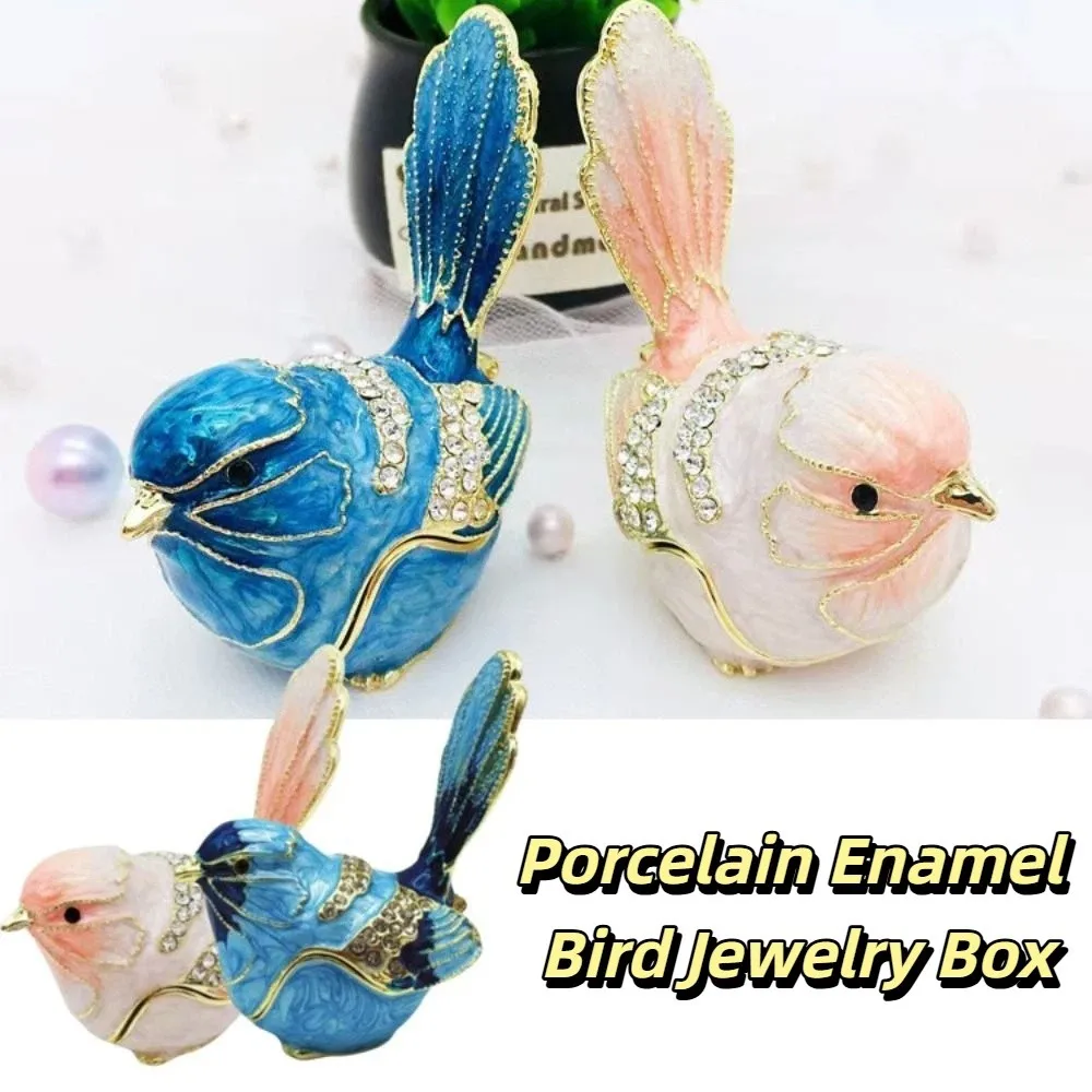 

Mini Size Bird Trinket Box Metal Material Pink Blue Color Enameled Animal Figurines European American Style