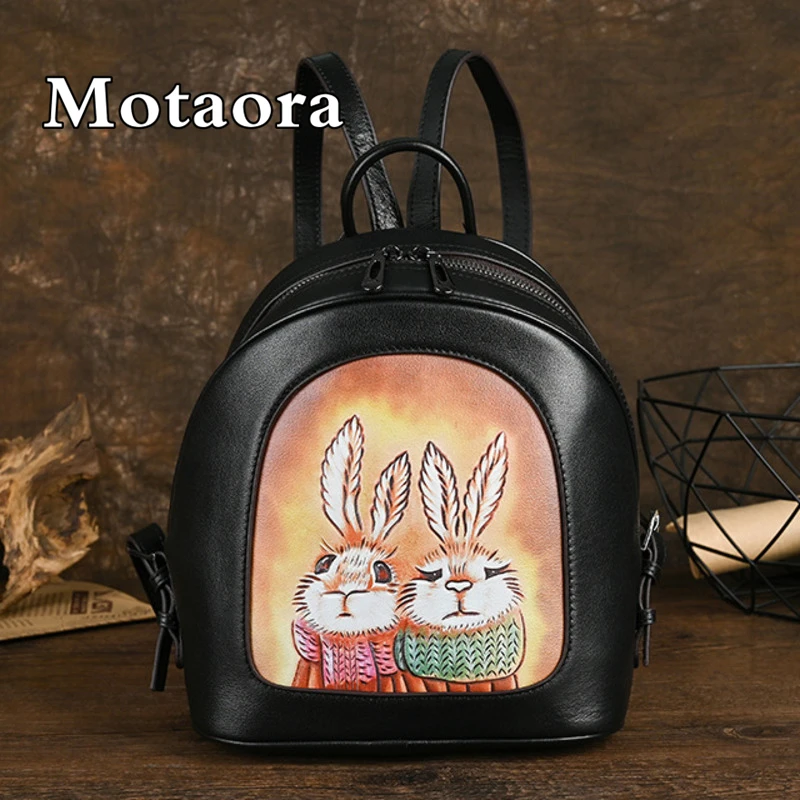 

MOTAORA Retro Genuine Leather Women's Bag 2024 Vintage Rabbit Printed Backpack New Cowhide Large Capacity Travel Schoolbag Girl