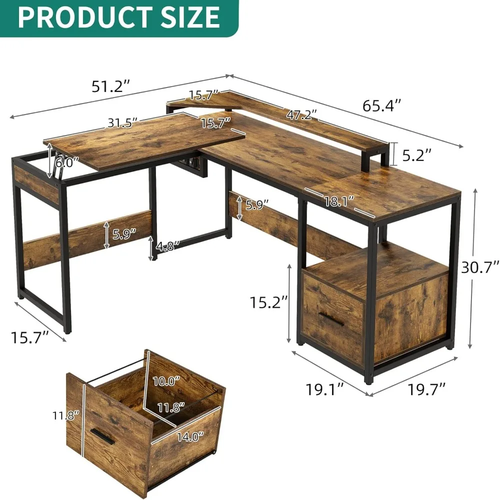 Mesa em forma de L com elevador, mesa ajustável com gaveta de arquivo, mesa do computador de canto com prateleiras, 65"