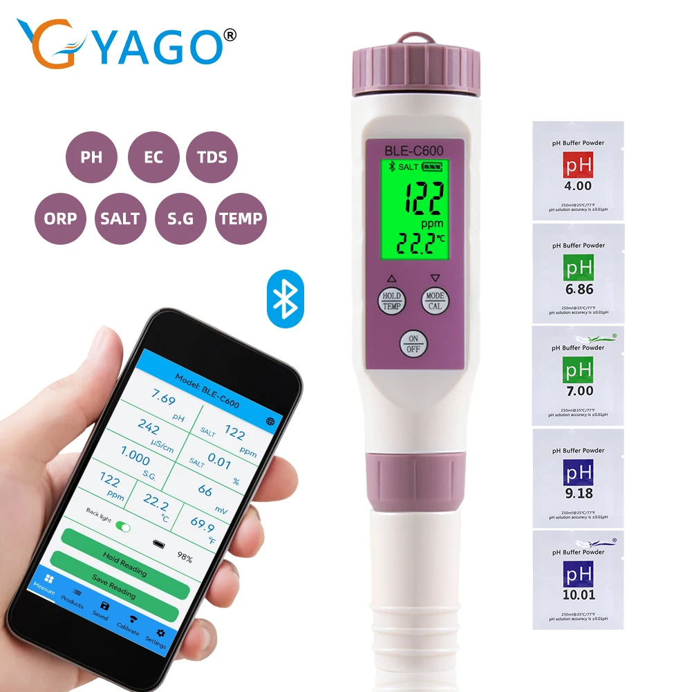 

ORP/EC/Salinity/S.G/Temp/PH/TDS Meter Digital PH Meter Water Analyzer Thermometer APP Control for Drinking Water Pool Aquarium