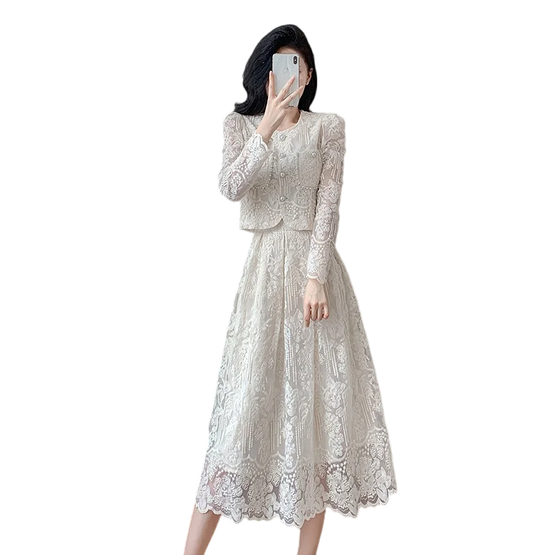 New Luxury High Quality Women\'s Two Pieces Set Fashion Lace Embroidery Beading Long Sleeve Shirt Top + A-line Skirt Women\'s Suit