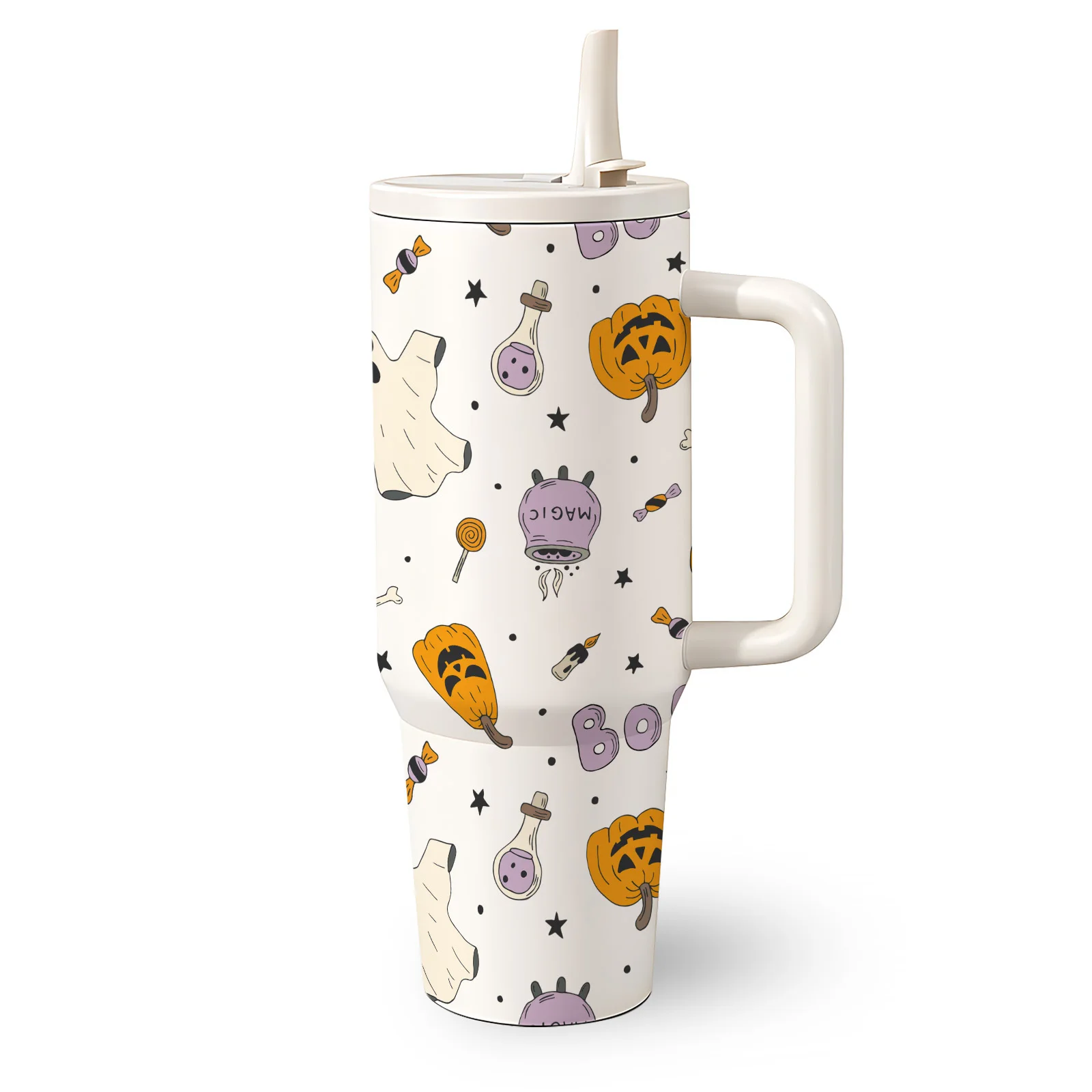 1pc Mikenda 40oz Stainless Steel Sublimation Tumbler, Handle Folding Straw, Cute Orange Pumpkin Purple Potion Candy and Star Design, Double Wall Insulated Cup, Hot 12H Cold 24H, Halloween Anniversary Birthday Holiday Gift for Family Friends.