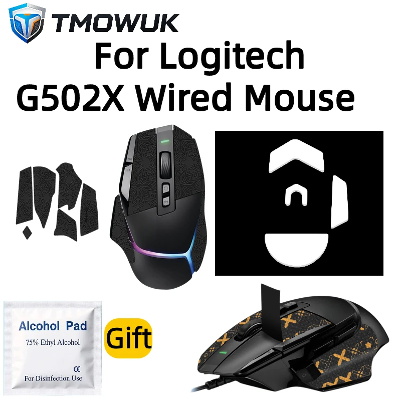 For Logitech G502X Wired Mouse Grip Tape + Mouse Skates Feet Stickers + Free Alcohol Cleaning Pad