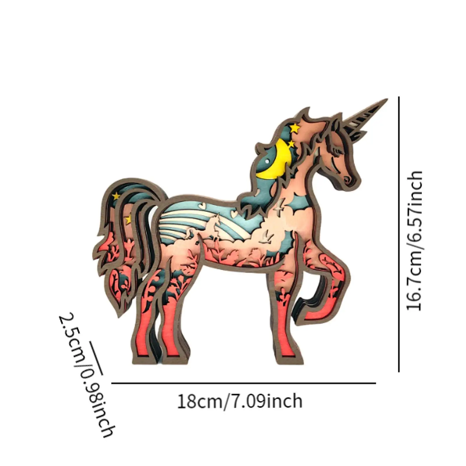 Unicorns Statue Wooden Multilayer Carving Ornament Figurine Decorative Sculpture Home Accent Miniature Unicorn Figure for