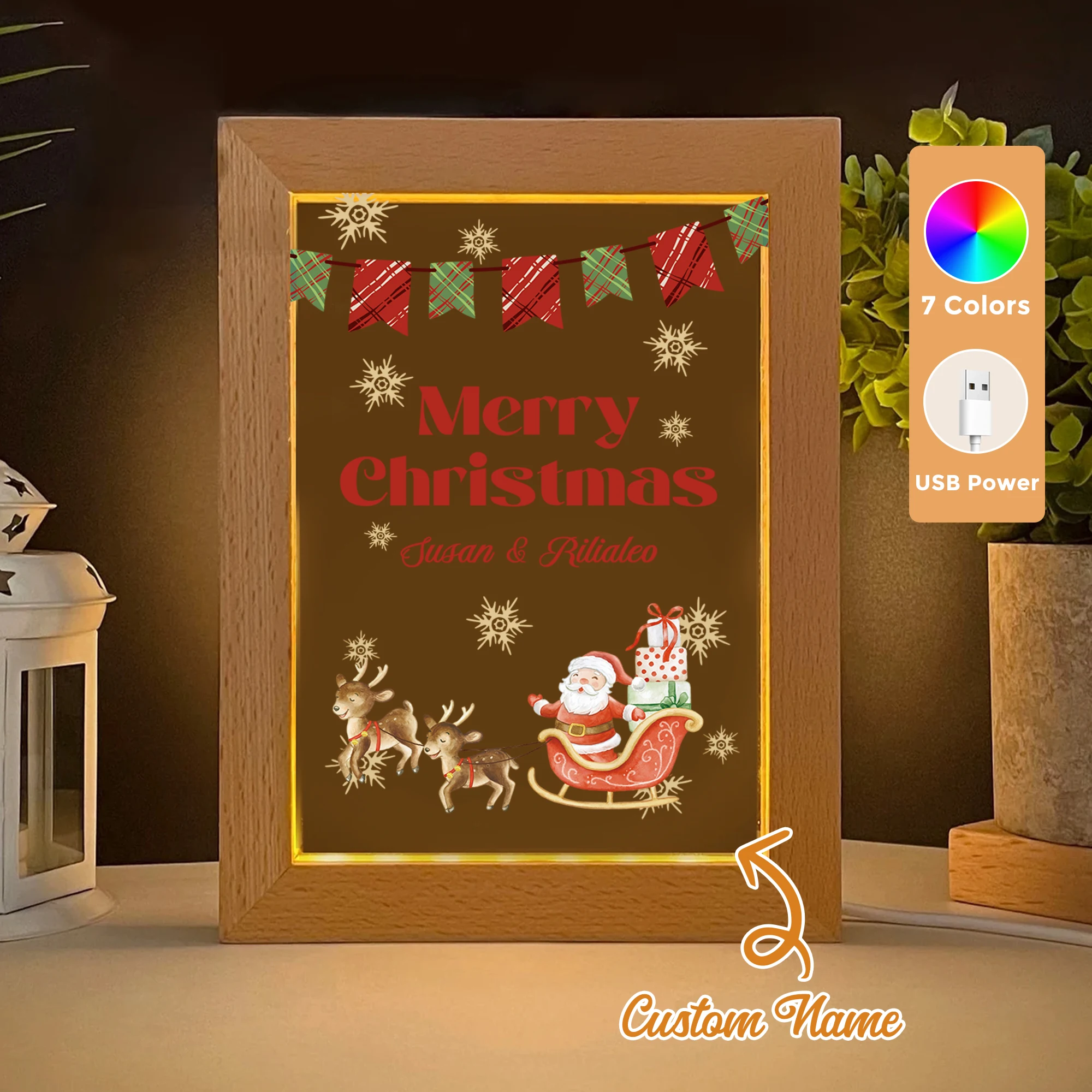 

Custom Name Elk Gift LED Acrylic Night Light Wood Photo Frame 21x17cm Christmas Cartoon Children Bedroom Gifts Home Decor