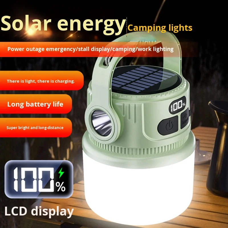 مصباح تخييم محمول بالطاقة الشمسية متعدد الوظائف LED شاشة ديجيتال محمولة مصباح يدوي مقاوم للماء في حالات الطوارئ قابل لإعادة الشحن